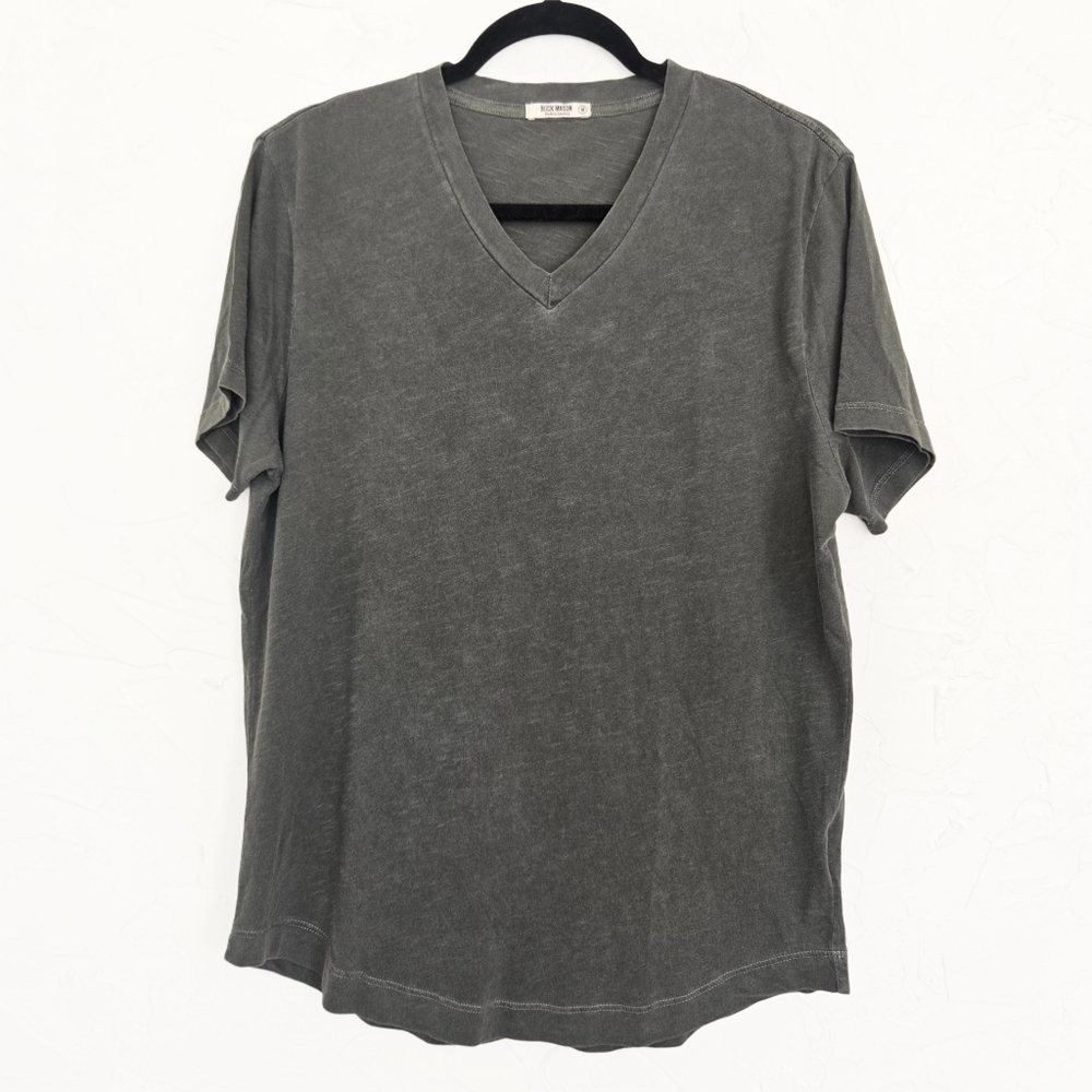 Buck Mason V Neck Slub Curved Hem Charcoal Gray Top, M